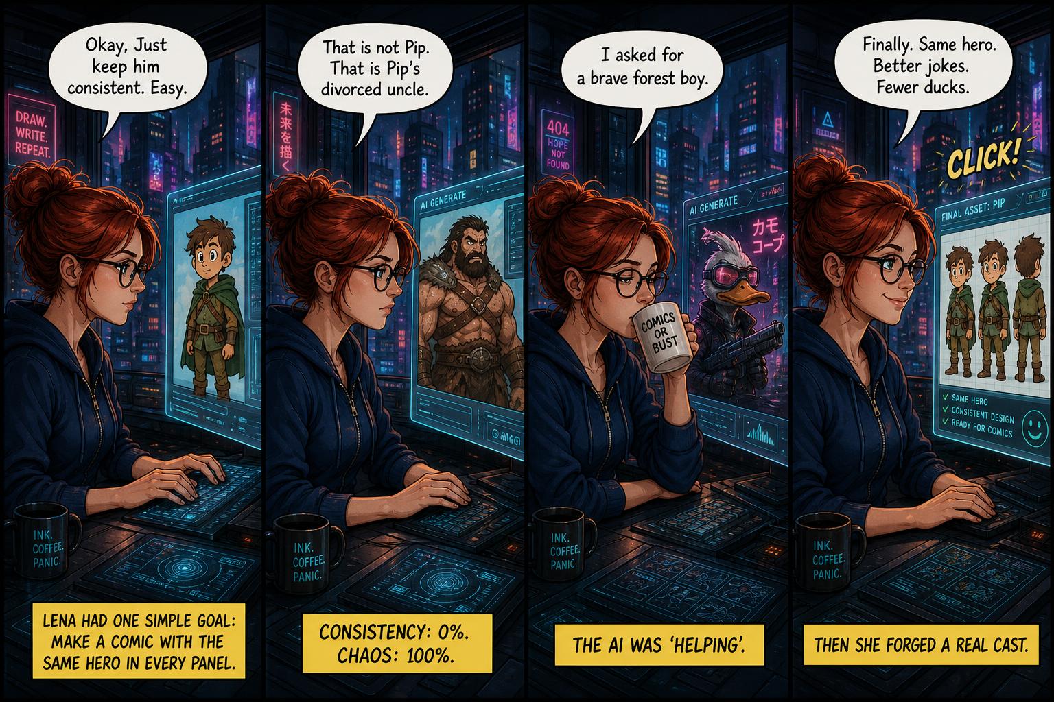 Four-panel comic strip generated with StripForge AI showing a developer fighting a sentient coffee machine